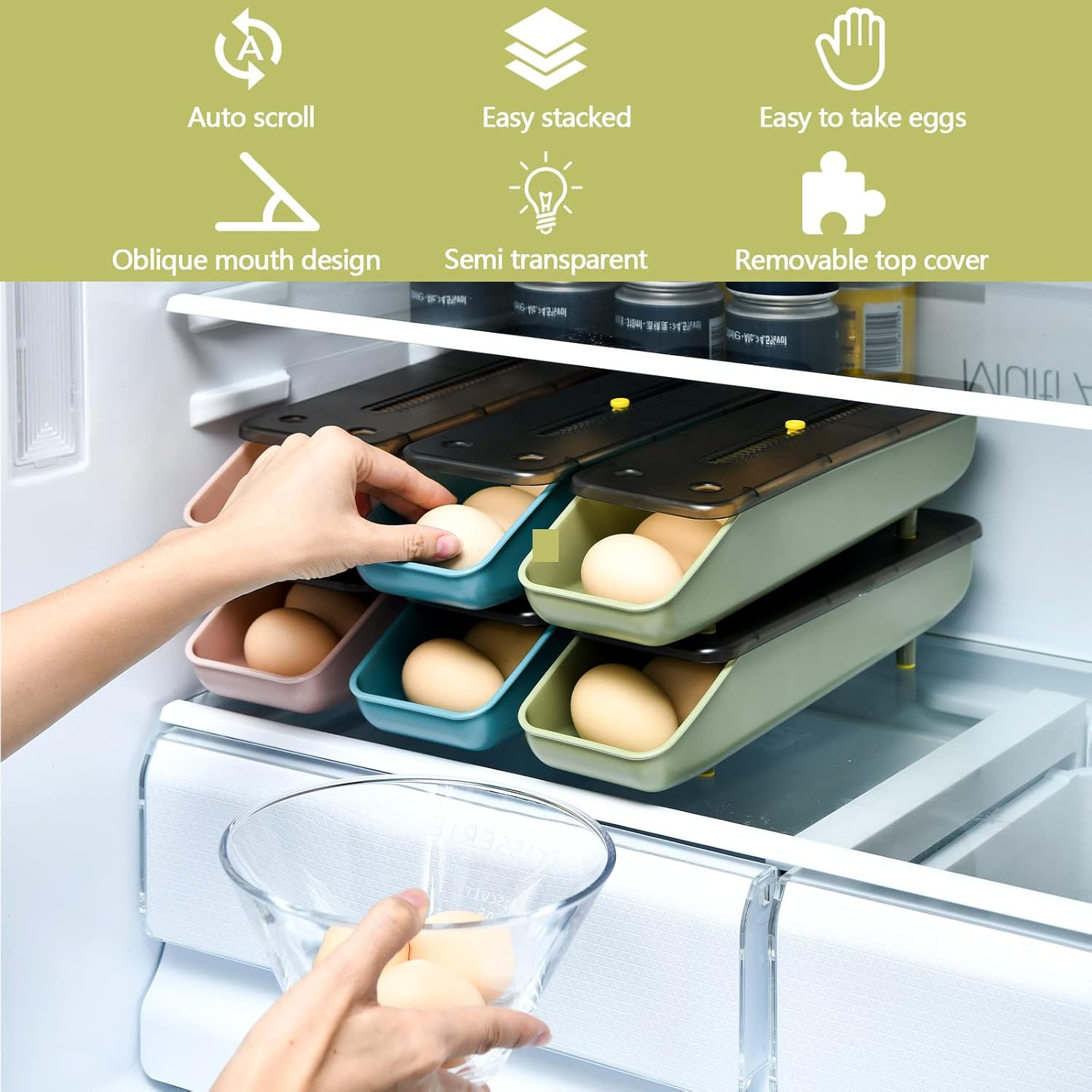 Eierbehälter für Kühlschrank, 2er-Pack, Eierhalter für Kühlschrank, Eieraufbewahrungsschale, Organizer, verstellbarer und platzsparender Eieraufbewahrungsbehälter (Grün, 2 Stück)
