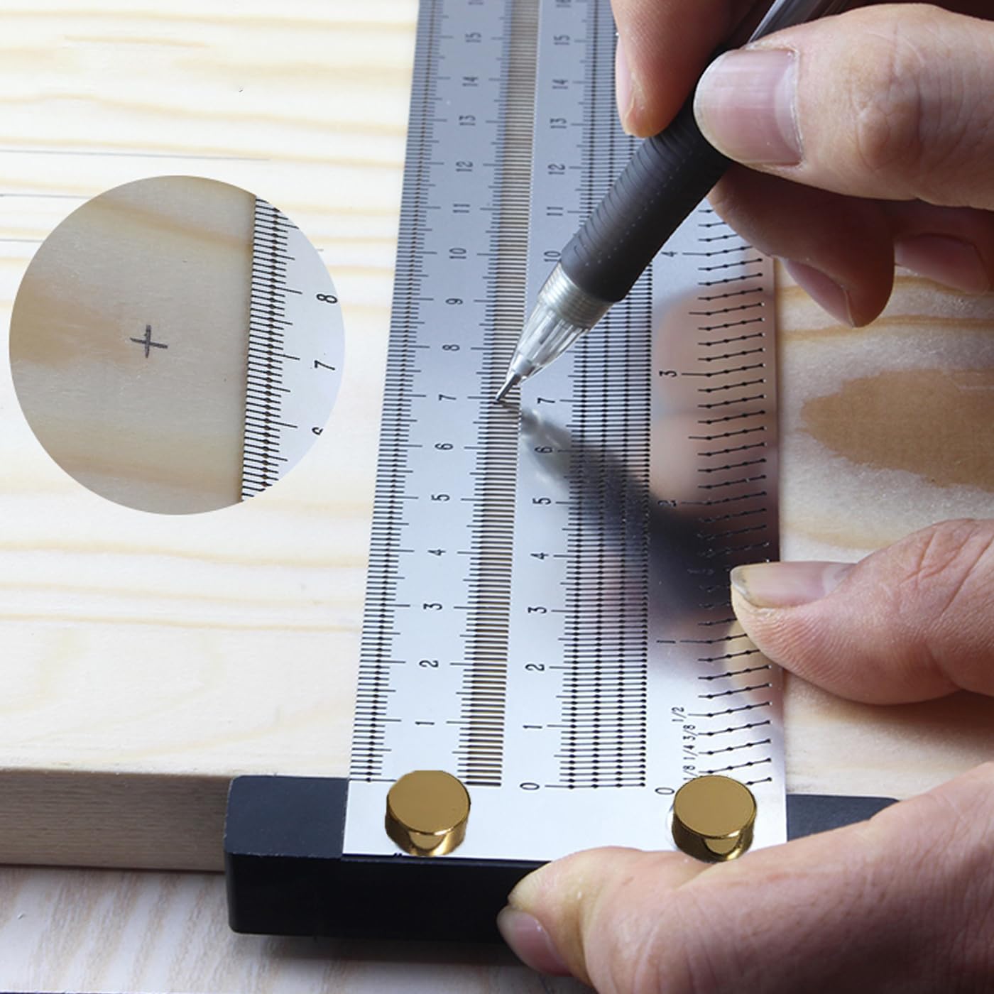 Holzbearbeitung Scriber T-Quadrat Lineal, Edelstahl Holzbearbeitung T Quadrat Lineal zum Markieren, Messen, Scribing Tool mit mechanischen Bleistift (16 In)